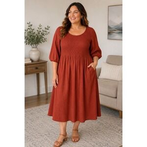 Croft & Barrow 2X Rust Burnt Orange Smocked Midi Dress Puff Sleeve Cottagecore